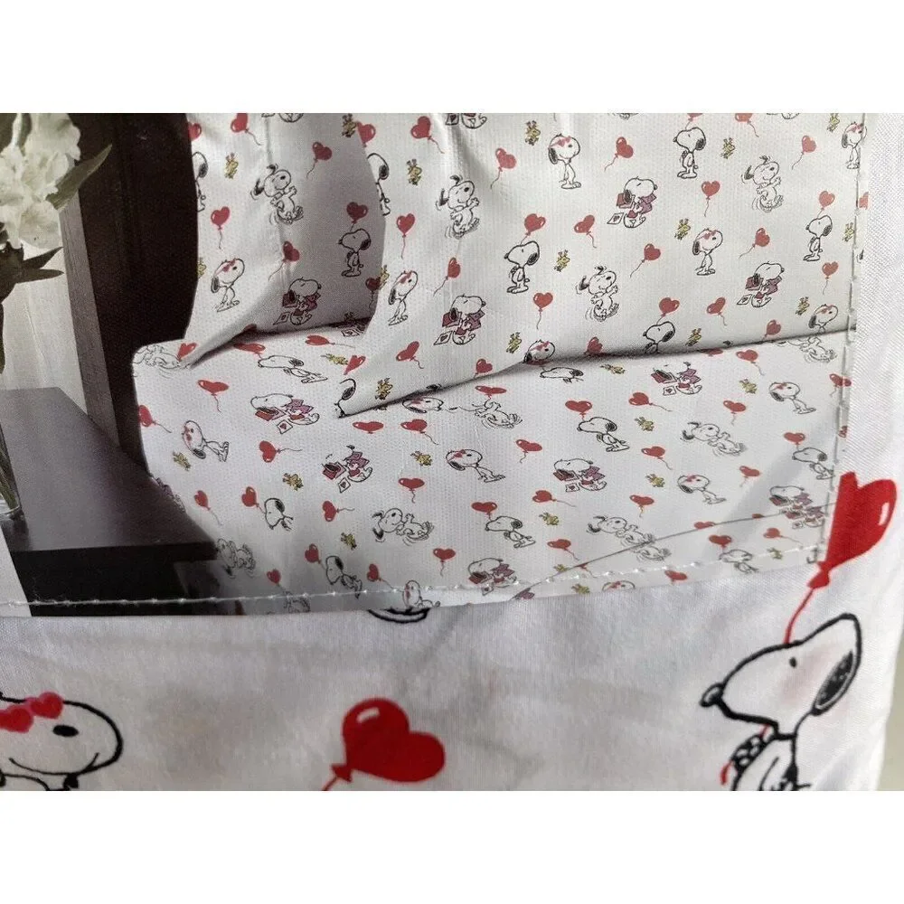 Peanuts Snoopy Woodstock Heart Balloon Valentines QUEEN Size‎ Sheet Set Soft NEW